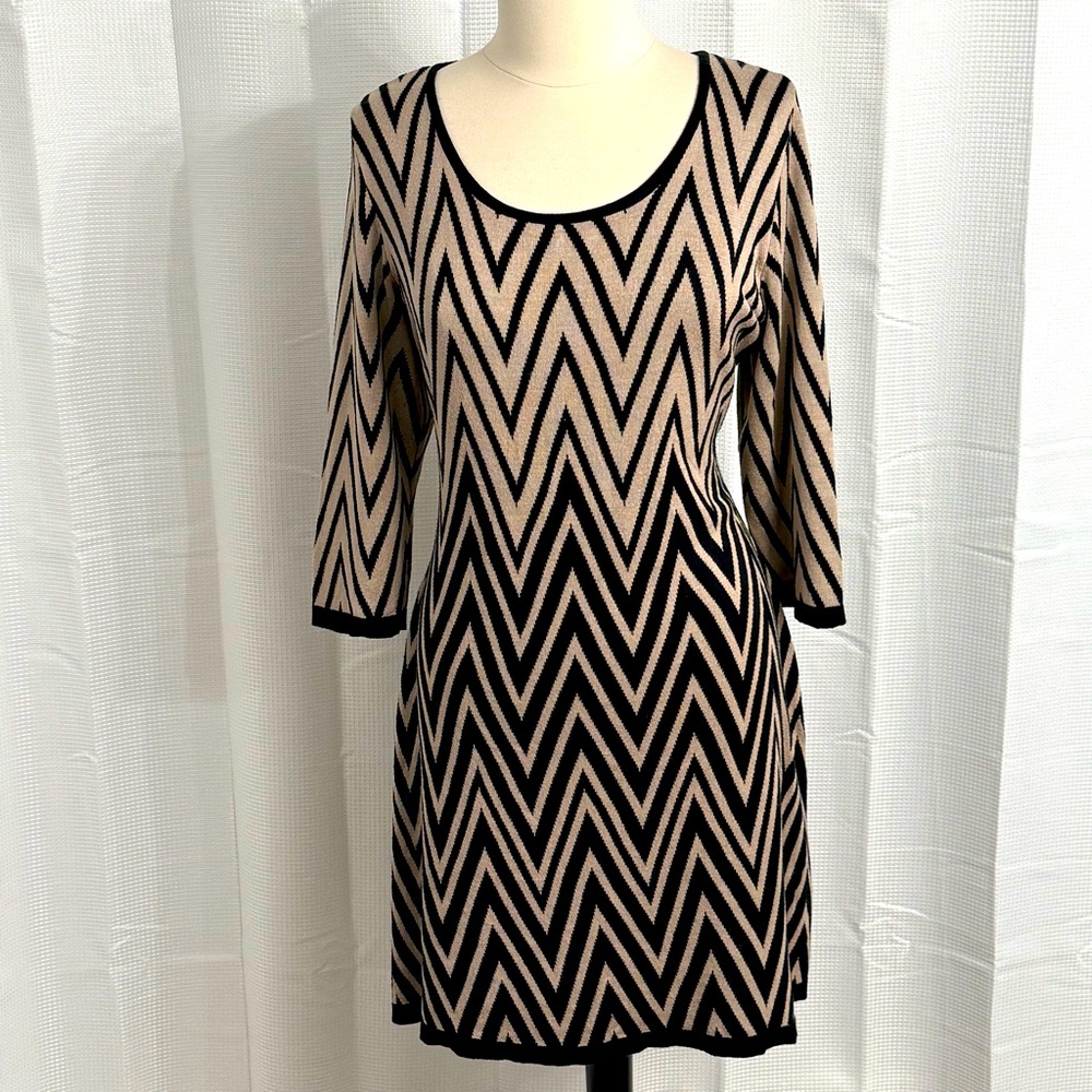Allison Brittney Plus Women's Fit and Flare Dress, Zig Zag Pattern, Black/Beige